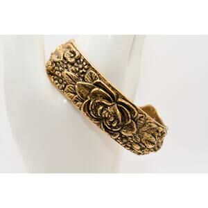 Vintage Floral Repose Cuff Bracelet Antiqued Gold Tone Wide 5"